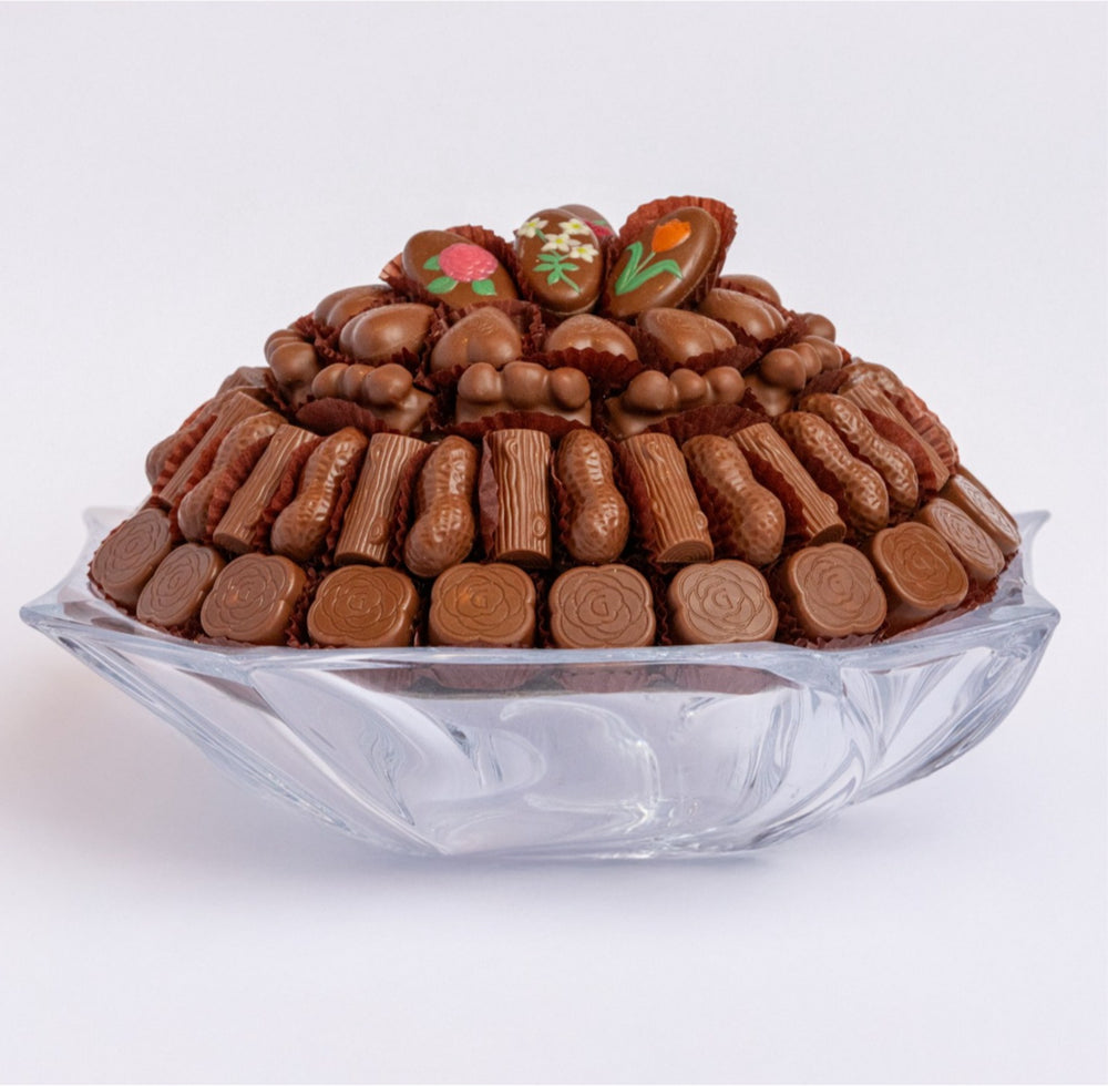 Ariel Swirl Crystal Bowl filled with Ghraoui chocolates