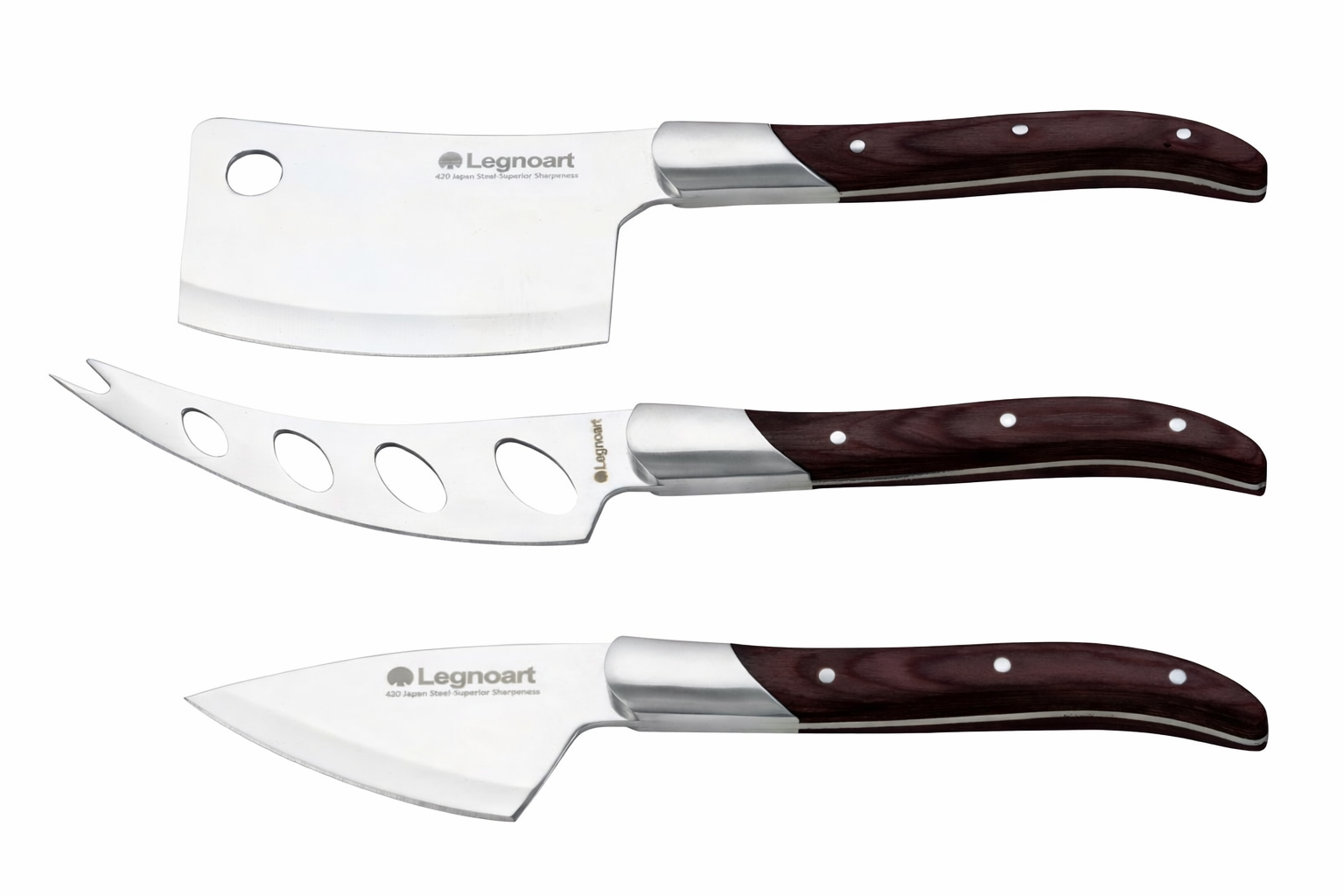 Cheese knife set with dark wood handles