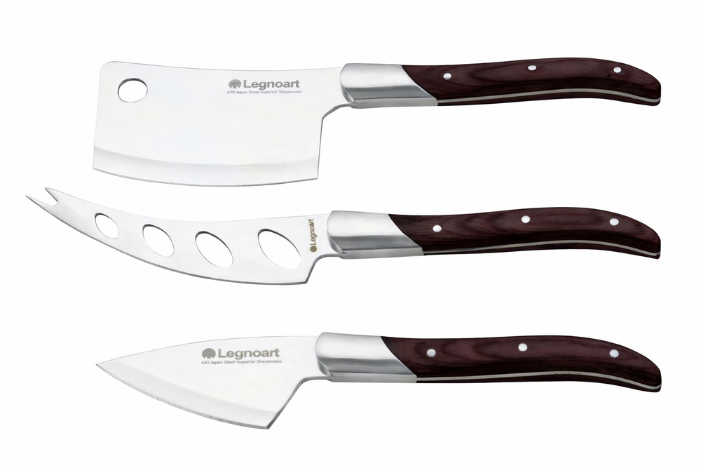 Cheese knife set with dark wood handles