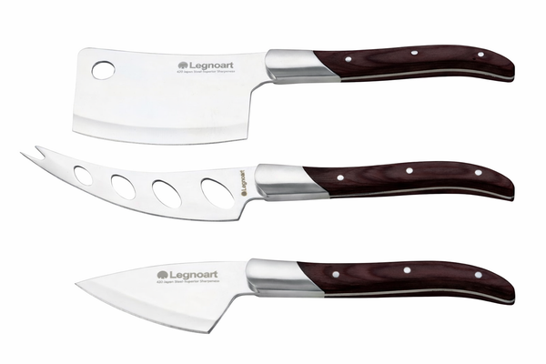 Cheese knife set with dark wood handles