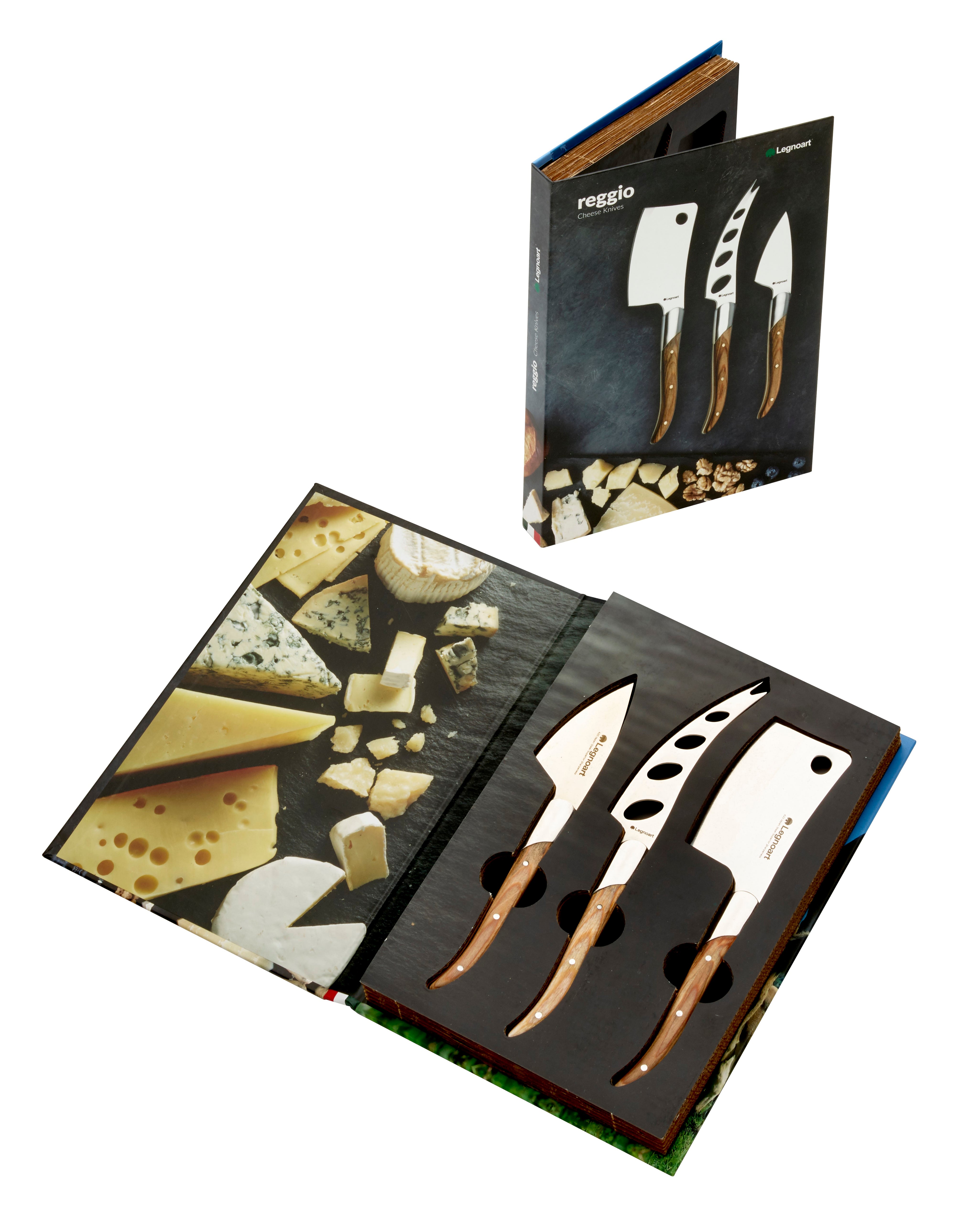 Cheese knife set with dark wood handles