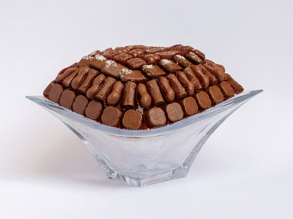 Ava Bohemia Quadro Crystal Bowl filled with Ghraoui chocolates